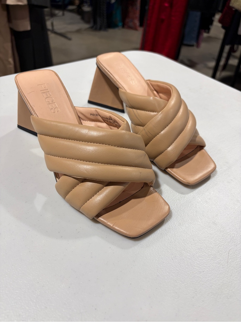 PIECES Quilted Tan Block Heel Slide Sandals